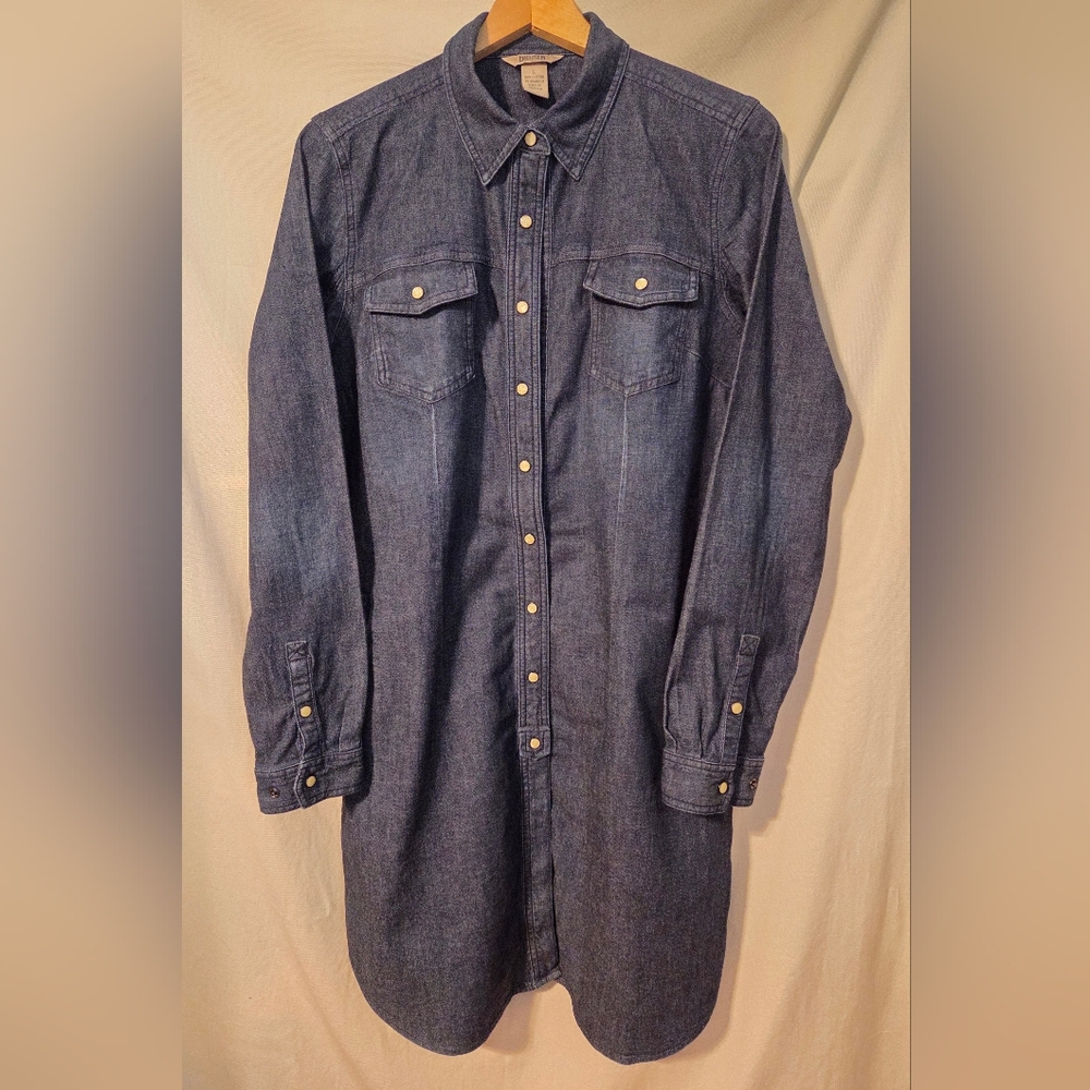 Duluth Trading Co Tailored Dark Denim Dress Snap Front Size Large